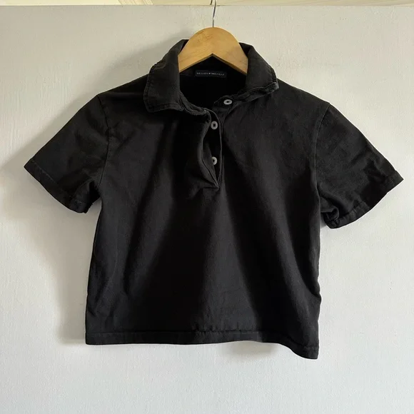 Brandy Melville Black Basics Neutral Cotton Cropped Polo Top size Small EUC - Picture 3 of 6
